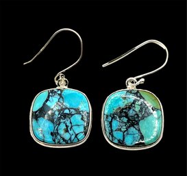 Vintage Sterling Silver Turquoise Color Square Shaped Dangle Earrings