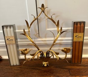 Beautiful Gold Art Deco Two Candle Holder And Un Opened&never Used 12 Renowned Tapers White&orange Candles.