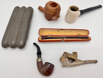 5 Vintage Pipes, 1 Marcasite In Original Box & Cigar Case
