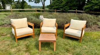 Lot Of Three Wooden Teak Patio Chairs W/ Side Table - Note Scratches On Leg In Picture