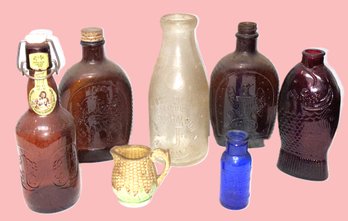 Vintage Glass Bottles - Dr. Fisch Bitters Fish Bottle (Millville, NJ) 2 Log Cabin Syrup, Grolsch, Emerson Drug