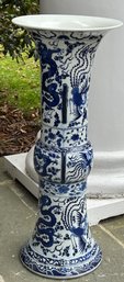 Vtg Blue & White Dragon Motif Tall 31' Floor Vase 12' Diameter ( READ Description)
