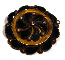 Victorian Gold Filled Round Brooch Pin W Black Onyx Stones