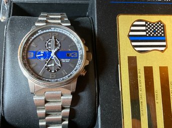 Rare CITIZEN ECO DRIVE 'THIN BLUE LINE' Men's Chronograph Wristwatch With Box Paperwork- In Support Of Police