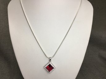 Beautiful Brand New - Sterling Silver / 925 Necklace With Sterling And Garnet Pendant With Zirconia Pretty !