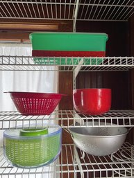 Tupperware Celery Bin, Hall's Red Ceramic Mixing Bowl, Strainers, Salad Spinner