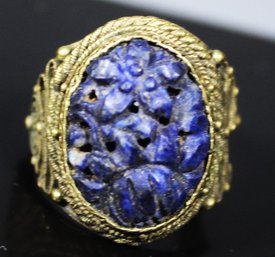 Fine Antique Chinese Carved Lapis Lazuli Gilt Silver Ring Late 19th Century Size 8