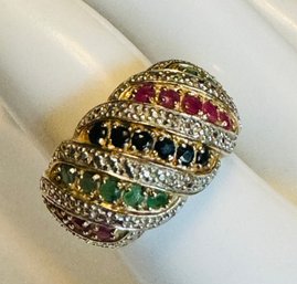 DESIGNER ROSS SIMONS GOLD OVER STERLING SILVER RUBY, EMERALD AND SAPPHIRE DIAMOND ACCENT DOME RING