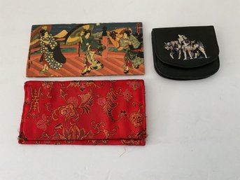 Trio Asian Style Wallet, Checkbook, & Horse Change Purse.