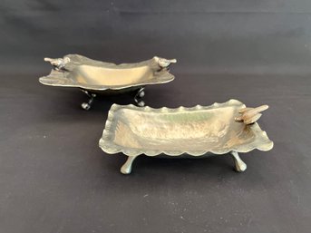 2 Piece Pounded Metal Accent Dishes From Bolivia - Bird Lovers Will Delight At Accents On Rim