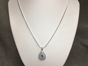 Beautiful 925 / Sterling Silver Necklace With Aquamarine Teardrop Pendant With White Topaz - Very Pretty !