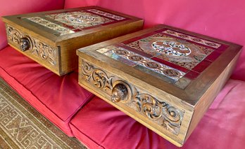 Spectacular Pair Of End Tables With Tiled Tops And Hand Carved Head-shaped Knobs