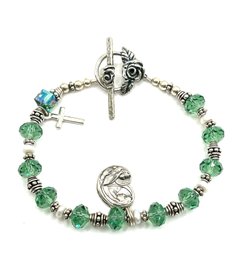 Beautiful Sterling Silver Religious Charms And Green Beaded Bracelet