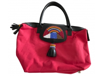 Katchy-kollections Red Canvas Colorful Beaded Trim Roomy Handbag! (read Description)