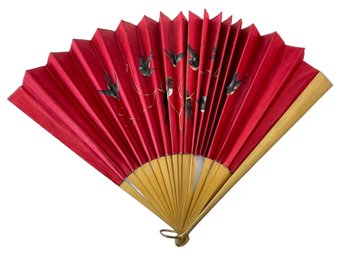 Vintage Asian Red Cloth Fan With Swallows