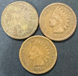 3 Indian Head Pennies 1905, 1906, 1907