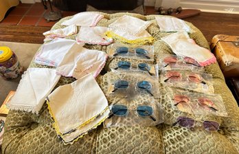 Ten Pair Blue,pink,purple Sun Glasses UV400 Protection Against Ultra Violet Rays & 12 Hand Crafted Kerchiefs.