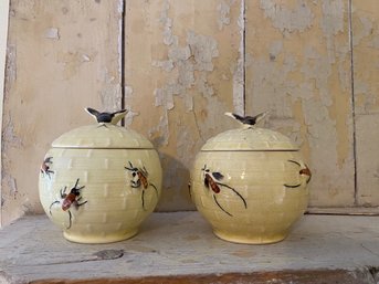 Pairing Of Vintage Yellow Bee Pots With Figural Bee Handles.