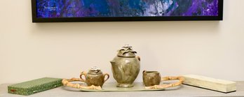 Ivory Rose  And Sage Green Ceramic Tea Set With Two Set Of Chopsticks