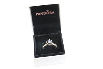 Pandora Sterling Silver Onyx Ring With Box Size 8.25