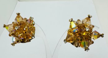 VINTAGE GOLD TONE GOLD AURORA BEAD CLIP-ON EARRINGS