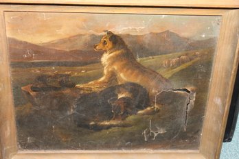 Antique 1800s Victorian Oil On Canvas Painting Of Dog - With Damage As Found