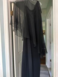 Leslie Far Single Sholder Black Crepe Gown With Chiffon Over Top