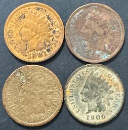 4 Indian Head Pennies 1901, 1903, 1906, 1907