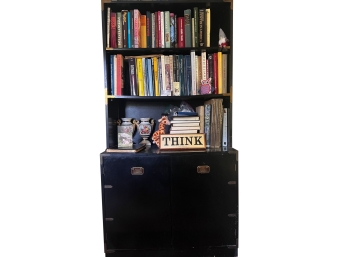Campaign Style Brass Strapped Ebonized Bookcase With Drawers