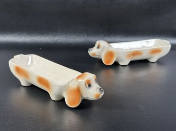 A Super Fun Pair Of Vintage Hot Dog Holders In Ceramic, Little Wiener Dogs!