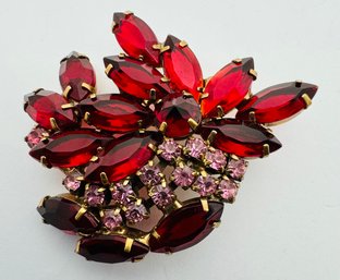 VINTAGE GOLD-TONE RED & PINK RHINESTONE BROOCH