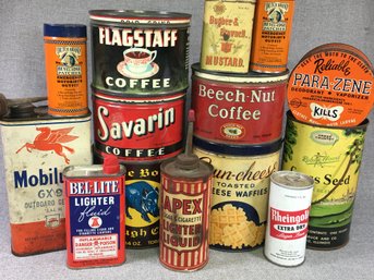 Fun Lot Of All Vintage / Antique Advertising Tins - Coffee - Mustard - Oil - Crackers - Grass Seed And Others