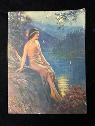 'Waiting Indian Maiden' F.P. Harper 1930s Native American Pinup Girl Vintage Poster 1