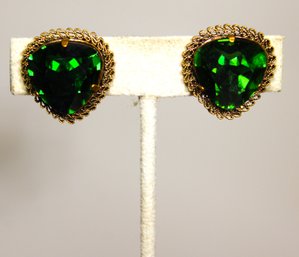 Vintage Made In Austria Large Green Glass Stone Clip Earrings 1920s