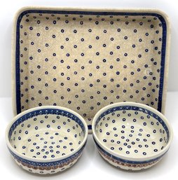 Boleslawiec Hand Made Serving Platter & 2 Bowls, Poland