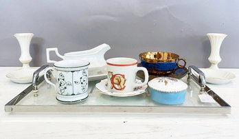 Fine Ceramics On A Vintage Glass Tray