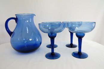 Cobalt Blue Margarita Pitcher And 4 Glasses
