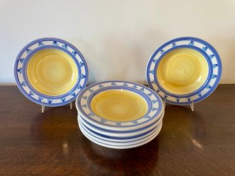 Set Of Six Caleca Hand Painted Blue & Yellow Glazed Pasta Bowls, Made In Italy