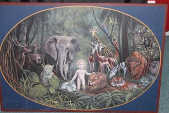 AMAZING Original Painting On Board PEACABLE KINGDOM - Highly Detailed With Elephants Monkeys Lions Snakes Etc