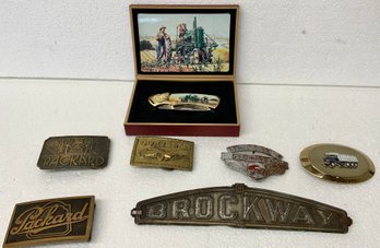 Vintage BROCKWAY Truck Grill Emblem, NEW John Deere Folding Knife, Belt Buckles & More