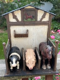 Vtg Cast Iron Stall/manger With 3 Cast Iron Animals: Pig, Horse, Cow