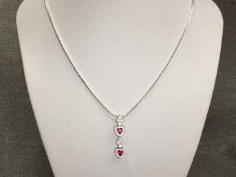 Beautiful 925 / Sterling Silver Necklace With White Zircon And Garnet Heart Drop Pendant - Very Nice - NEW !