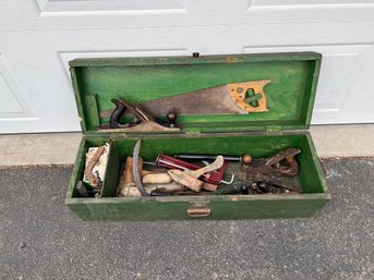 Green Wood Toolbox Full Of Antique Tools Including Stanley Bailey No.5 Plane