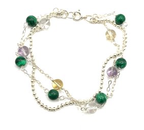 Sterling Silver Green And Clear Beaded Three Strand Bracelet