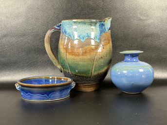Three Gorgeous Signed Studio Pottery Pieces: Vase, Dish & Pitcher