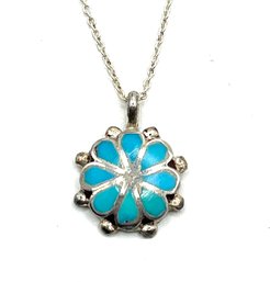 Vintage Sterling Silver Turquoise Color Flower Pendant Necklace