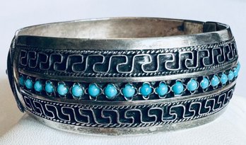 PURE SILVER AND TURQUOISE GREEK KEY PATTERN BRACELET