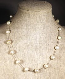 Fine Genuine Cultured Pearl And Silk Cord Choker Necklace 14' Long