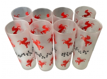 Set Of 8 Vintage Libby Tall Frosted Glasses- Red Horses And Black Stars