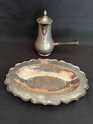 Silver Marked 0900 2pc Lot - Wooden Handled Coffee Or Chocolate Pot And Scalloped Edge Dish Ed 0900